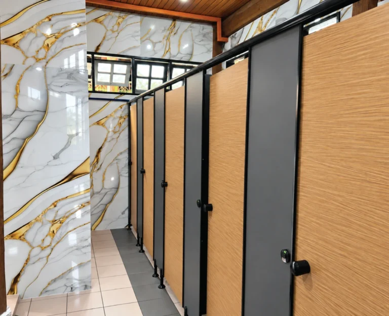 Modern Marble and Wood Restroom Interior