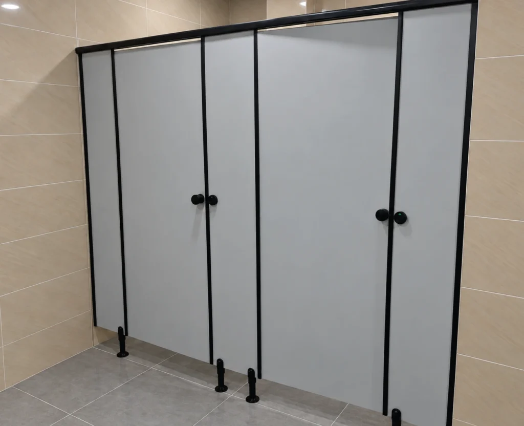 Modern Light Grey Tiled Restroom Stalls