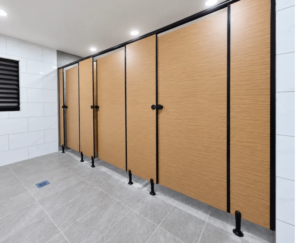 Modern Cherry Wood-Panelled Public Restroom