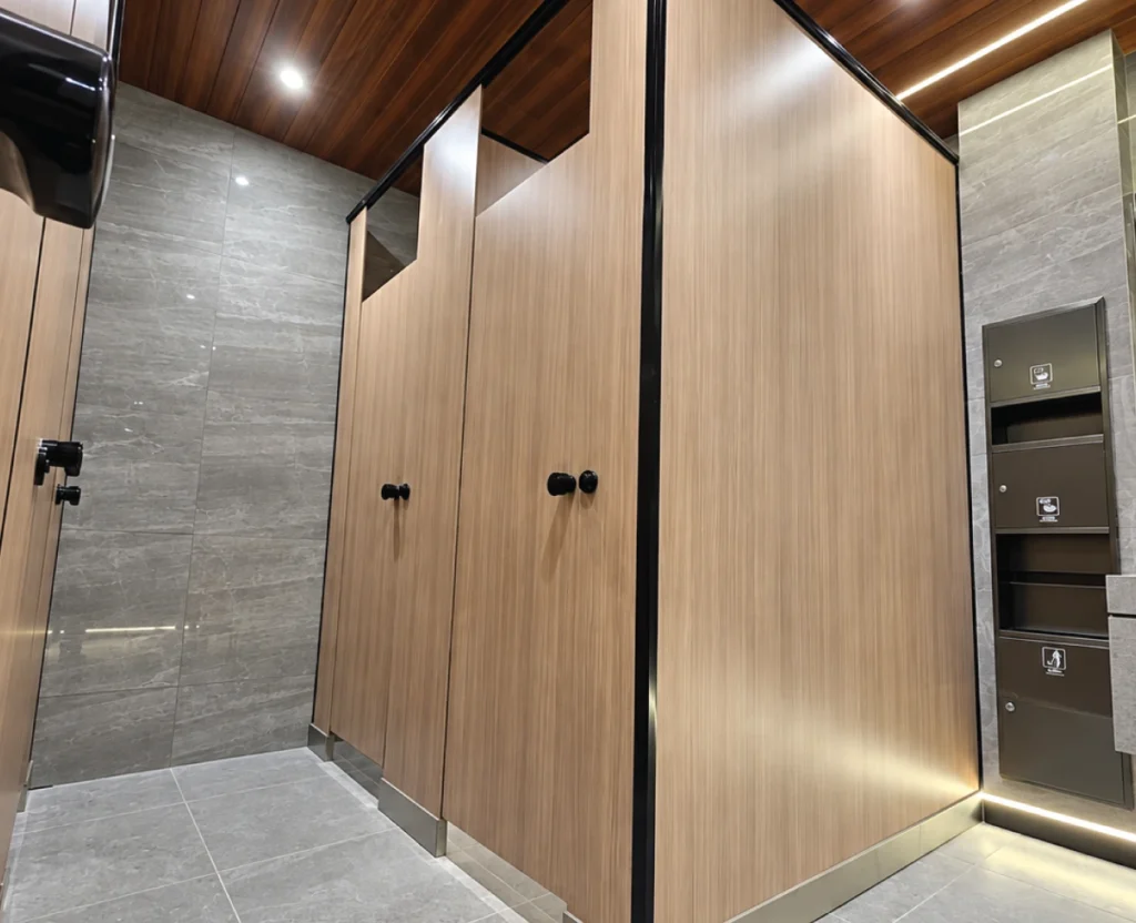 Modern Marble and Cherry Wood Restroom
